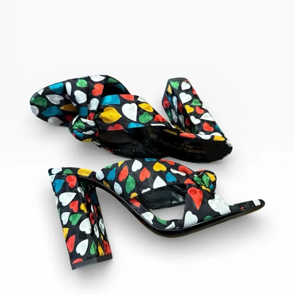 Saint Laurent Bianca 100 Black Heart Knotted Mule Sandals Block Heel 36.5 US 6.5 - Picture 9 of 14